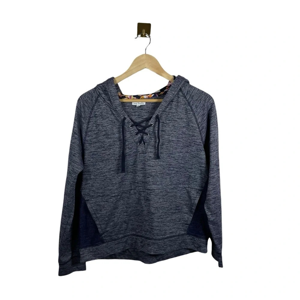 Vera Bradley Lace Up Floral Lined Pullover Hoodie Sweatshirt Navy Blue Size M
